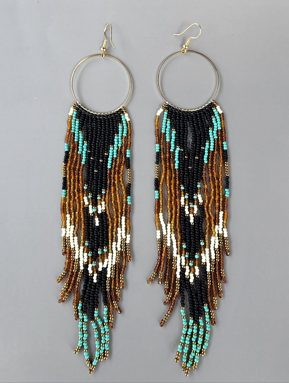 Long Western Geo Boho Fringe Seed Beads Earrings Handmade Beaded Jewelry
